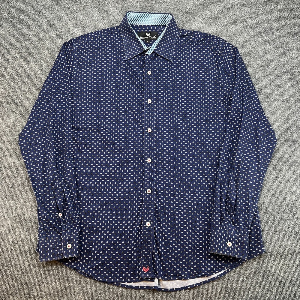 Buttercloth Cotton Dress Shirt Geometric Flip Cuff Button-Up Blue Men's Large